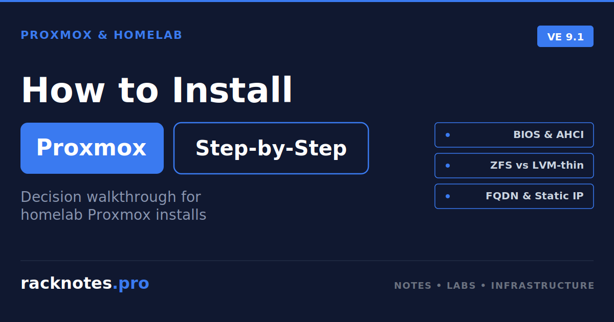 Proxmox VE 9.1 installation guide cover image showing step-by-step setup with decision callouts for BIOS, ZFS vs LVM-thin, and network config
