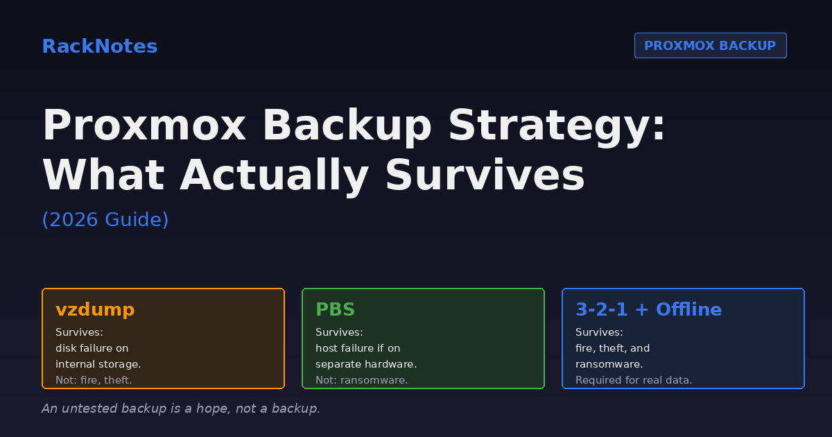 Proxmox backup strategy tiers — vzdump, PBS, and 3-2-1 with what each survives