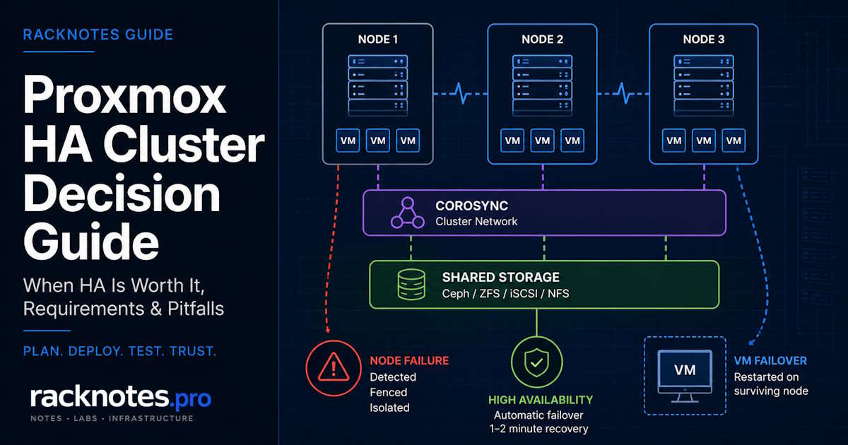 Proxmox HA cluster requirements: quorum, Corosync latency, shared storage, and spare capacity