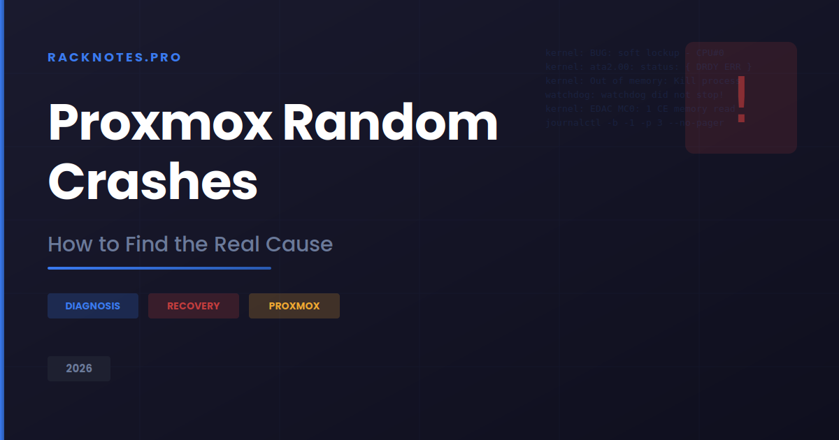 Proxmox random crashes diagnosis workflow — classification table, log analysis, and top investigation paths