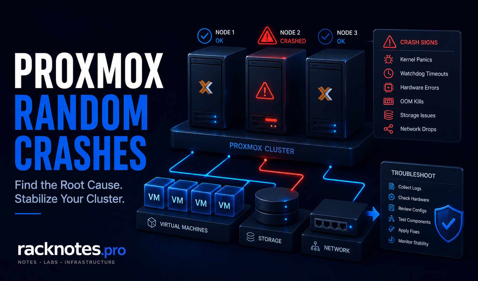 Proxmox random crashes diagnosis workflow — classification table, log analysis, and top investigation paths