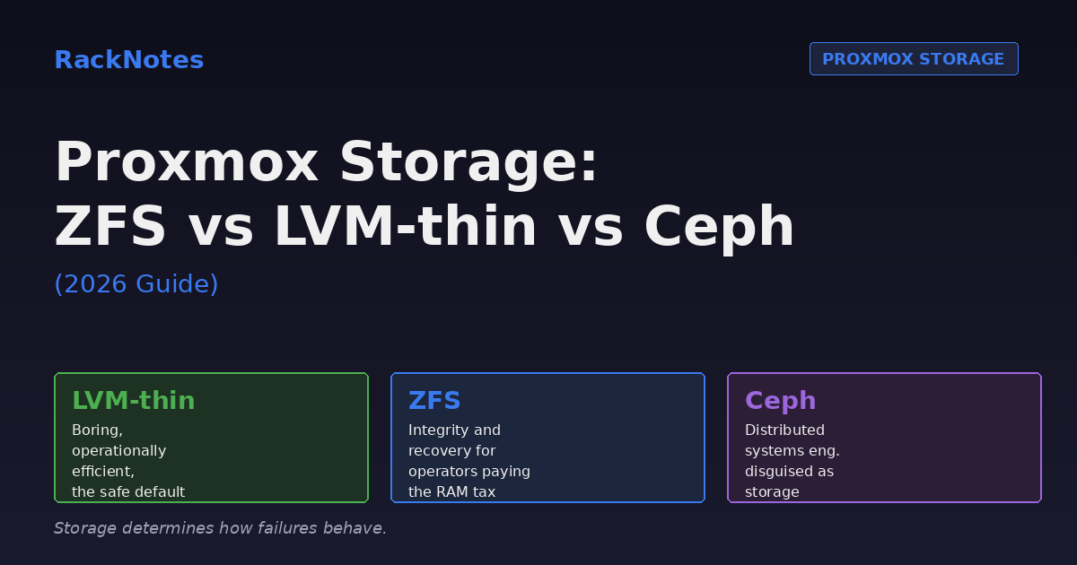 Proxmox storage decision visual — LVM-thin, ZFS, and Ceph operational tradeoffs