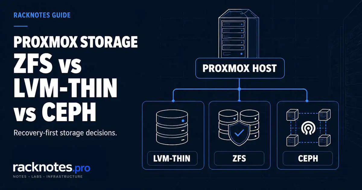 Proxmox storage decision visual — LVM-thin, ZFS, and Ceph operational tradeoffs