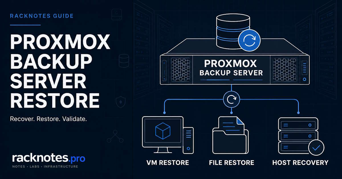Proxmox backup server restore guide: full VM restore, single-file recovery, bare-metal rebuild, hardware migration, and datastore corruption — commands, failure points, verification.