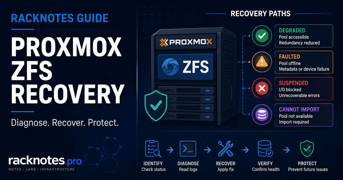 Proxmox ZFS recovery: diagnose DEGRADED, SUSPENDED, FAULTED, and import errors