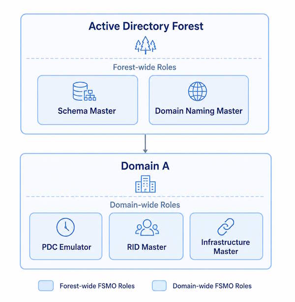 Active Directory FSMO roles architecture — forest-level roles (Schema Master, Domain Naming Master) and domain-level roles (PDC Emulator, RID Master, Infrastructure Master)