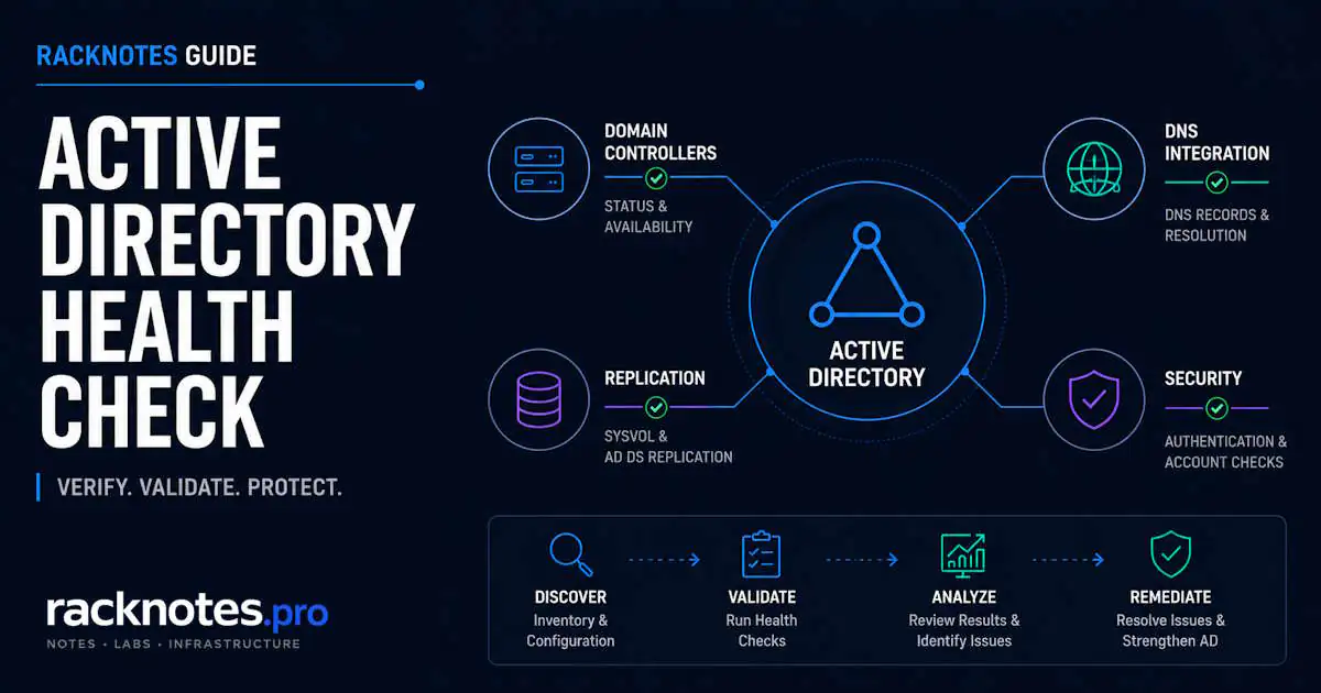 active directory health check — domain controller diagnostic output showing replication and service status on Windows Server 2025