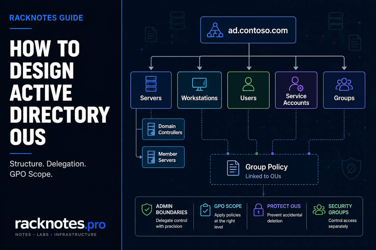 Active Directory OU design skeleton for SMB: five top-level OUs with Servers divided into Domain Controllers and Member Servers