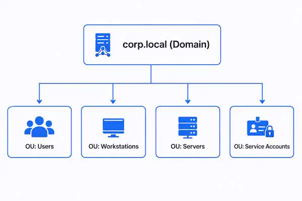 Active Directory OU structure: four top-level organizational units inside a single domain