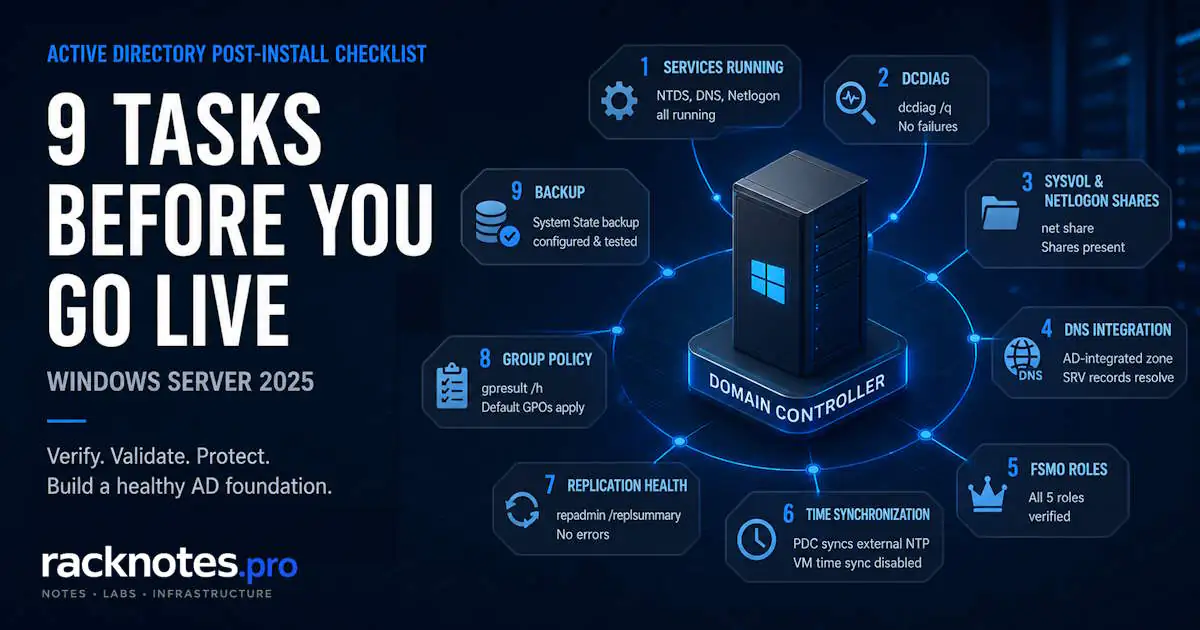 Active Directory post-install checklist — 9 verification steps for Windows Server 2025 domain controller