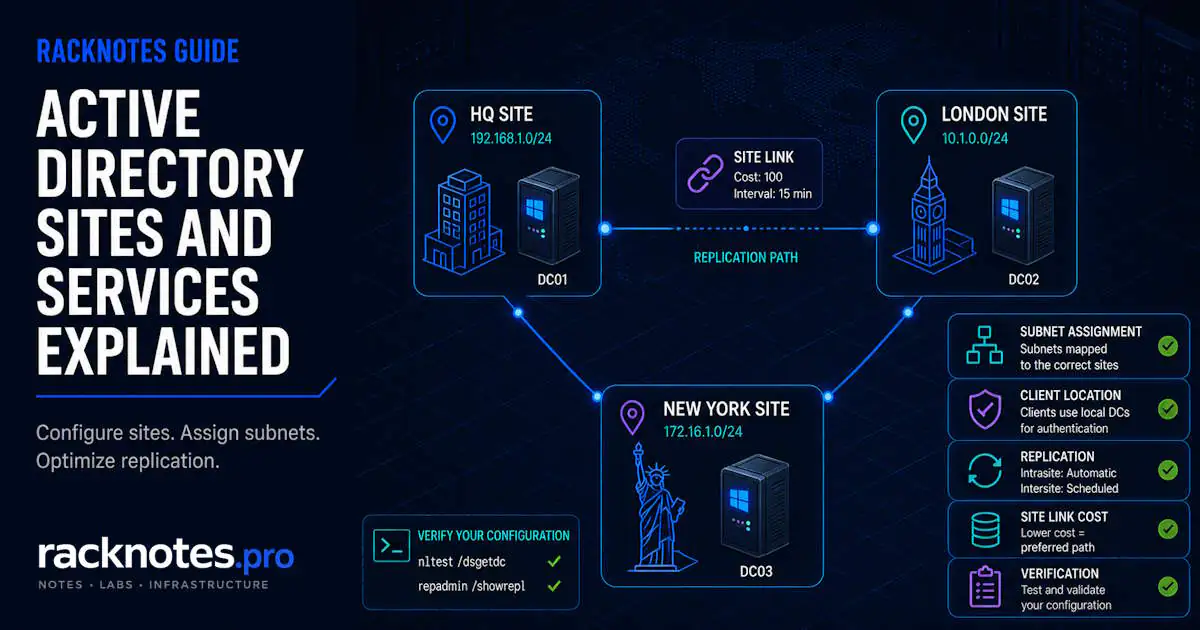 Active Directory Sites and Services two-site topology — HQ and London connected by site link with cost 100