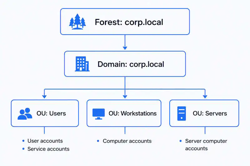 Active Directory structure hierarchy: forest contains domain, domain contains OUs for users, workstations, and servers