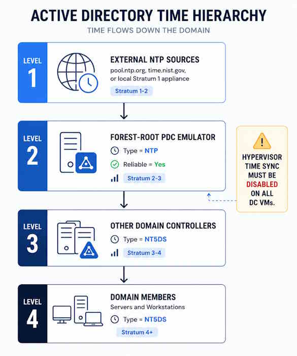Active Directory time synchronization hierarchy — external NTP source to forest-root PDC Emulator to domain controllers to member machines
