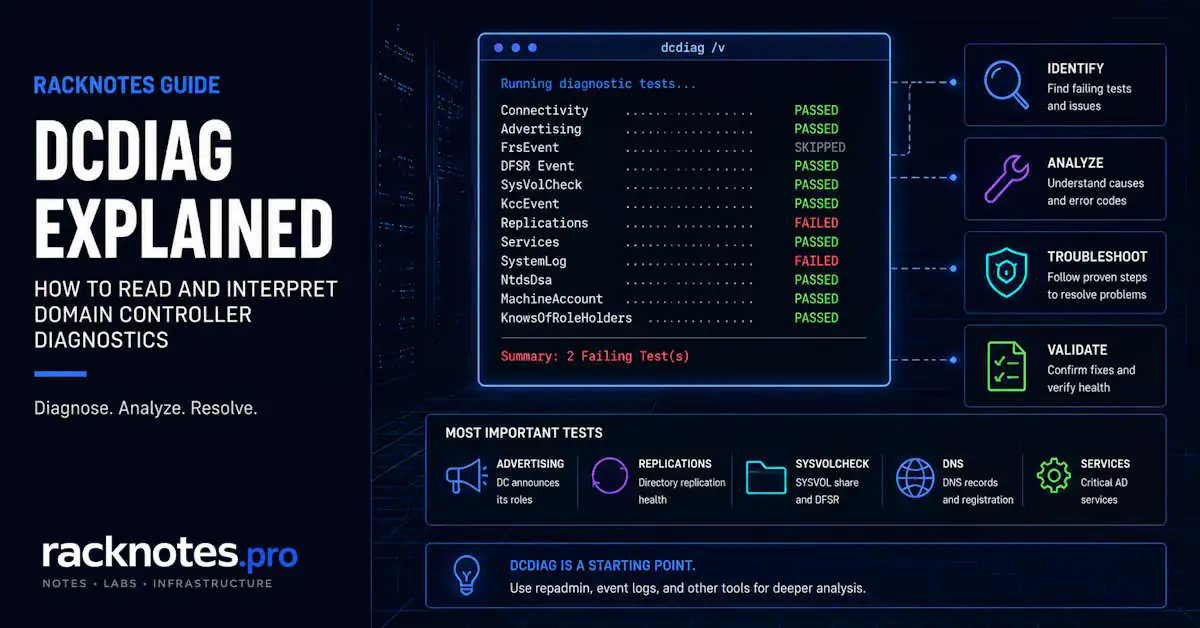 dcdiag active directory — domain controller diagnostic output with PASSED and FAILED tests on Windows Server 2025