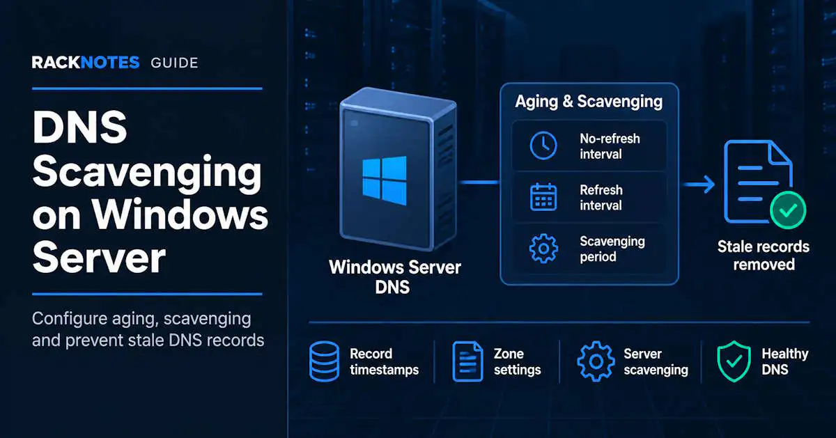DNS scavenging on Windows Server showing aging intervals, record timestamps, zone settings, server scavenging, and stale DNS record removal.