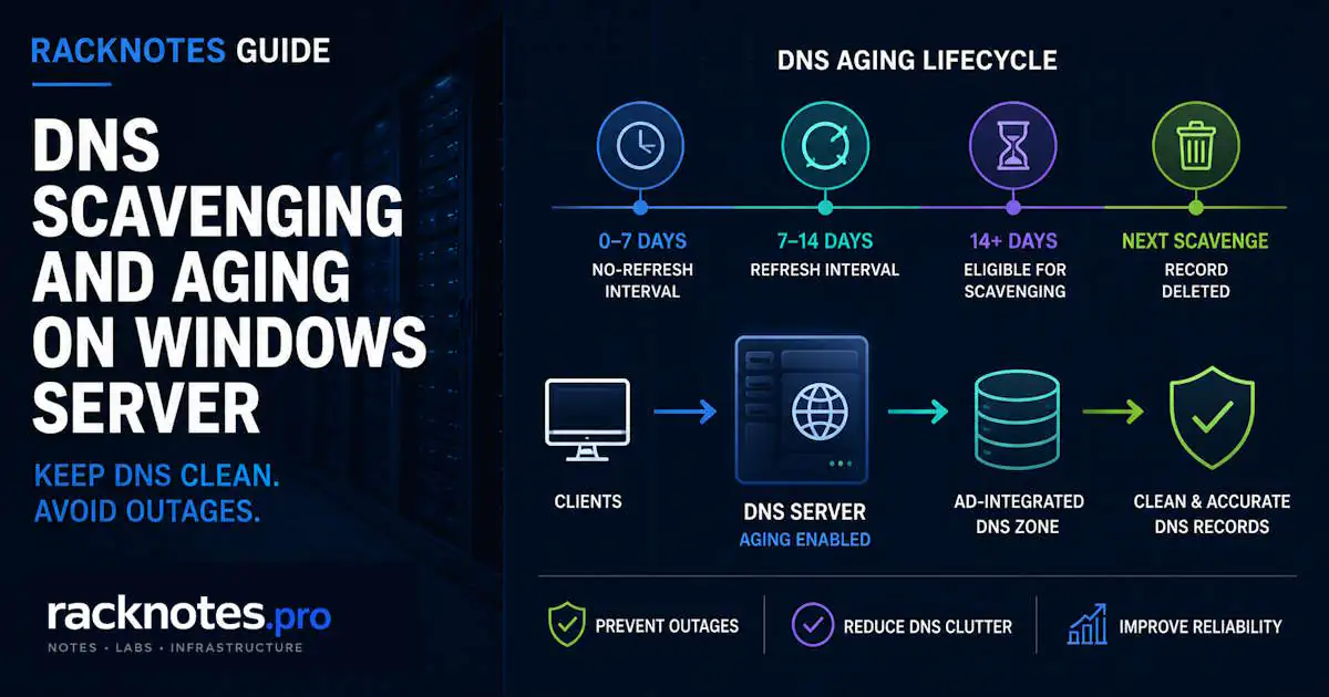 DNS scavenging Windows Server aging timeline showing No-refresh, Refresh, and deletion stages