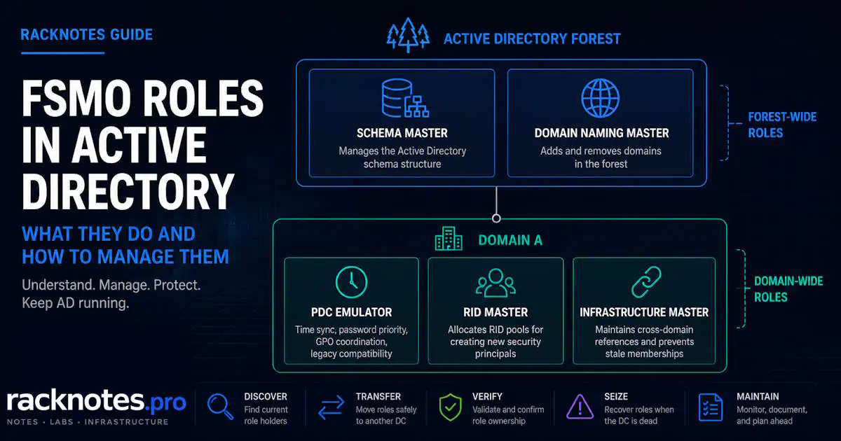 fsmo roles active directory architecture — forest-level and domain-level role placement on Windows Server 2025