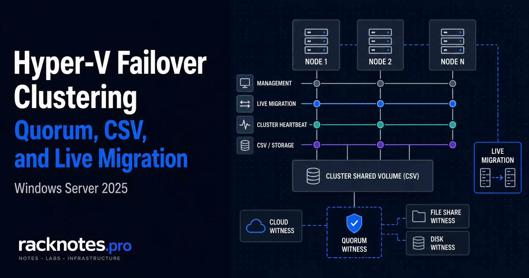Hyper-V failover clustering architecture diagram showing quorum, CSV, and cluster nodes