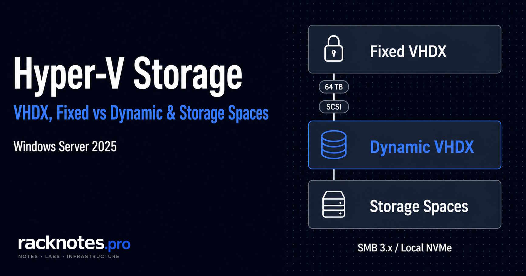 Hyper-V storage diagram showing VHDX types, fixed vs dynamic disks, and Storage Spaces on Windows Server 2025