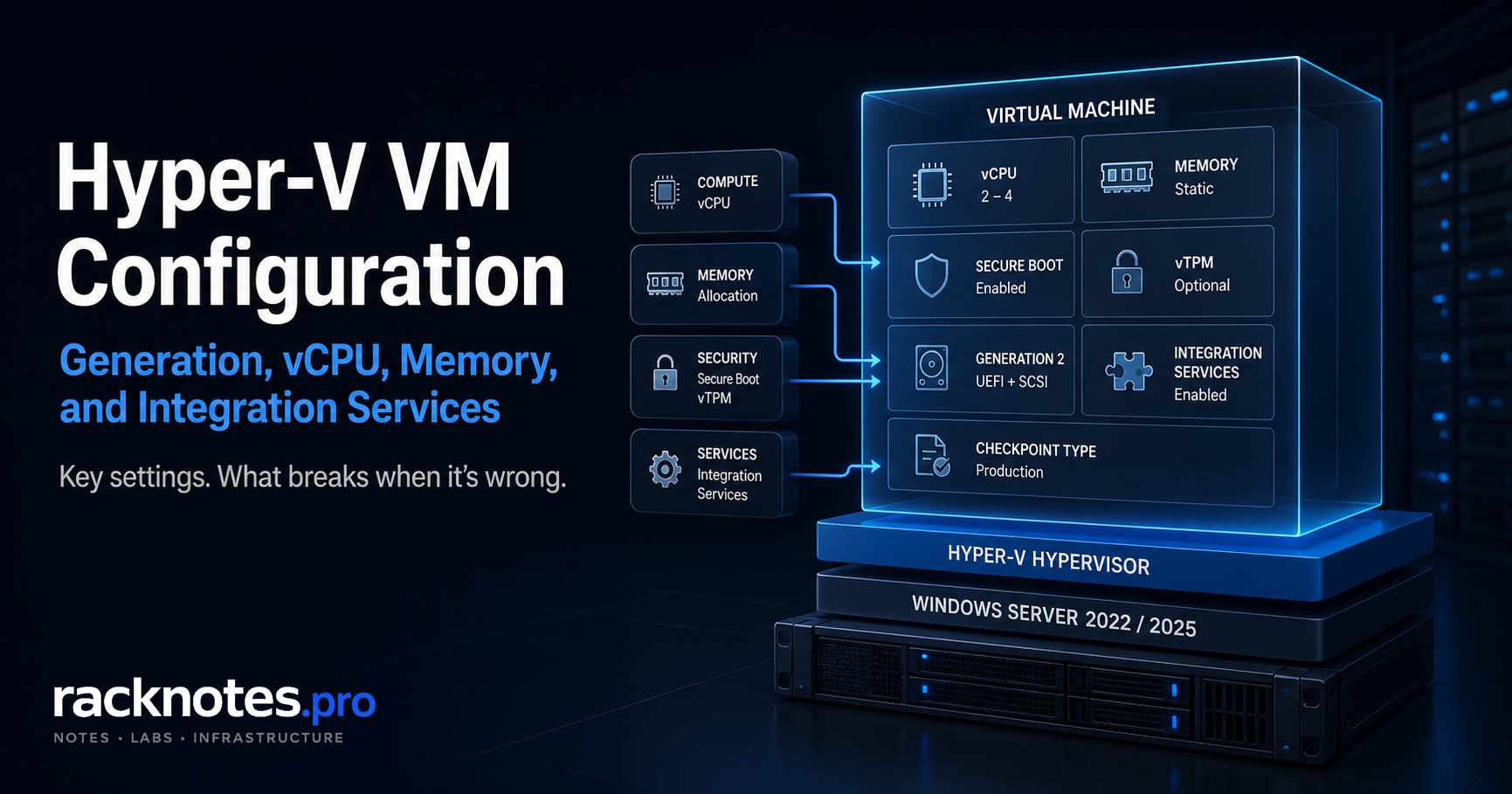 Hyper-V VM configuration settings guide showing generation, memory, and integration service decisions on Windows Server 2025