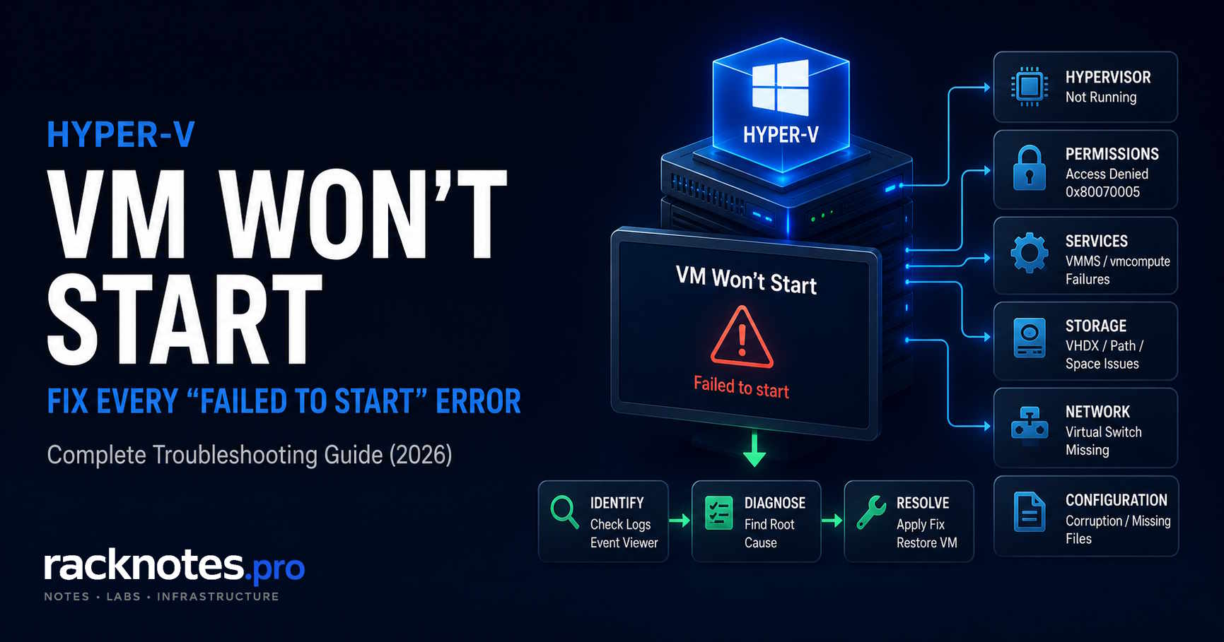 Hyper-V VM won't start error troubleshooting guide showing diagnostic workflow on Windows Server 2025