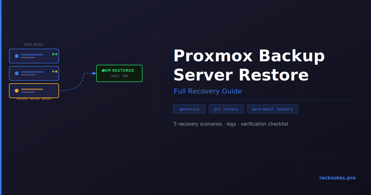 PBS restore guide: full VM restore, single-file recovery, bare-metal rebuild, hardware migration, and datastore corruption — commands, failure points, verification.