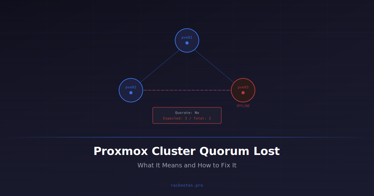 Proxmox cluster quorum lost — node topology with offline node and pvecm status output