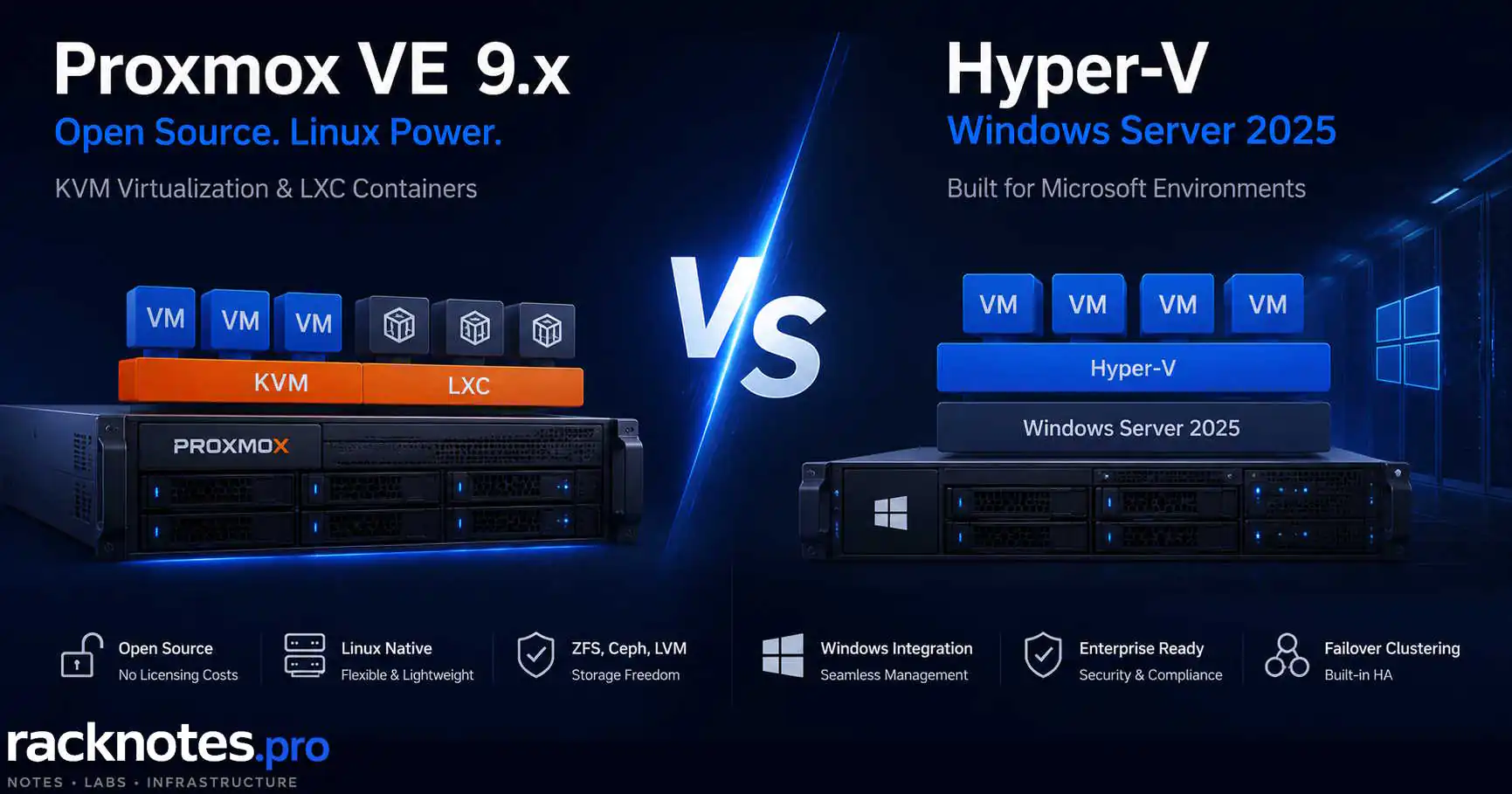 Proxmox vs Hyper-V architecture comparison — two hypervisor stacks side by side
