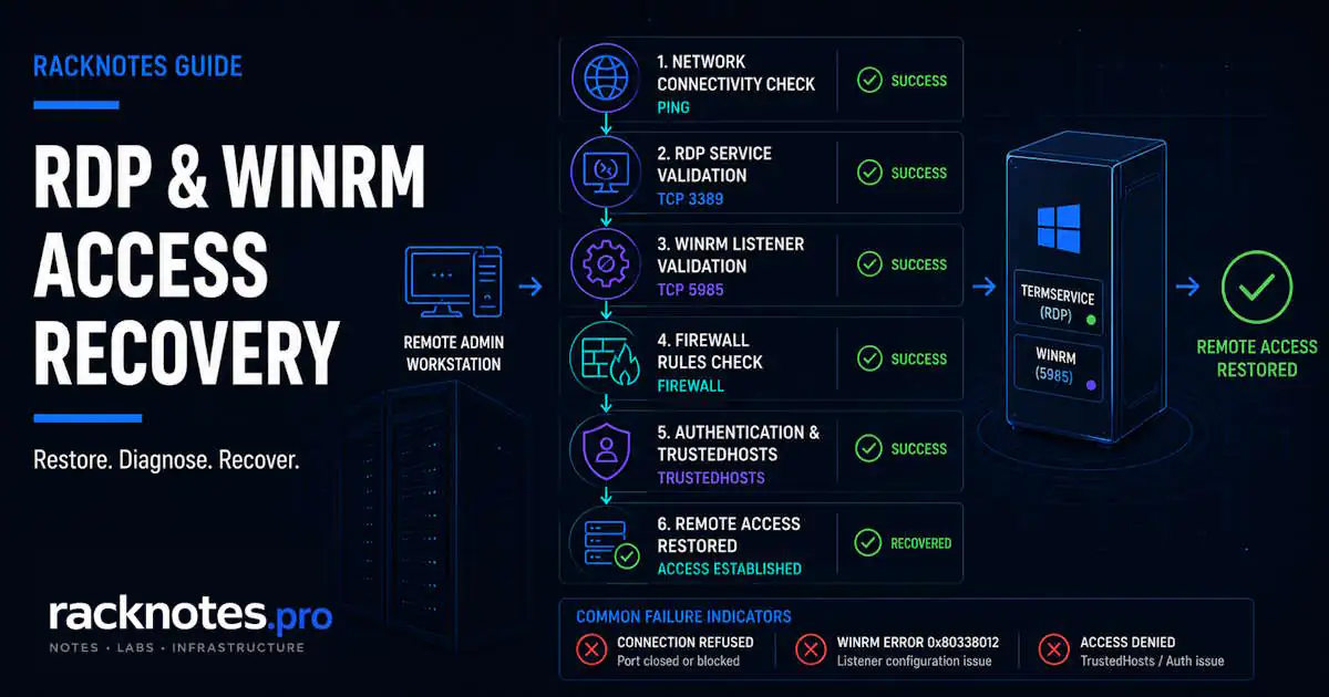 RDP and WinRM down recovery - Windows Server remote access decision tree for port 3389, WinRM listener, and firewall troubleshooting