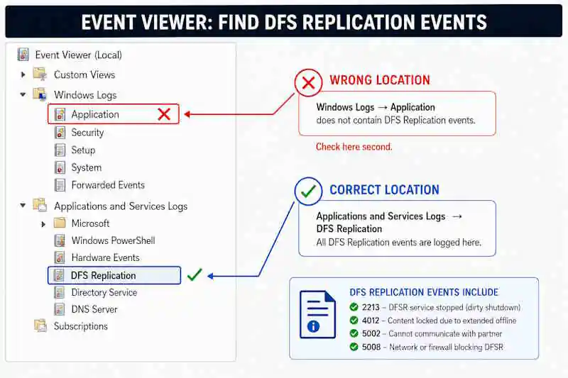 DFS Replication event log location in Event Viewer — Applications and Services Logs path for sysvol replication issues active directory troubleshooting on Windows Server 2025