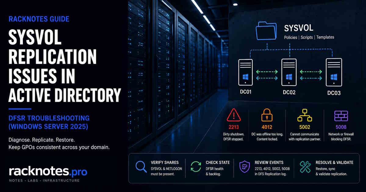SYSVOL replication issues active directory — DFSR troubleshooting diagram showing AD replication vs DFSR subsystems on Windows Server 2025