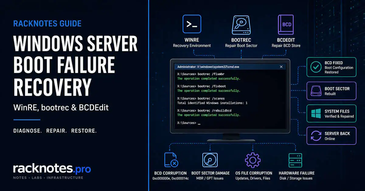 Windows server boot failure recovery workflow - bootrec, bcdboot, and BCDEdit command sequence in WinRE on Windows Server 2025