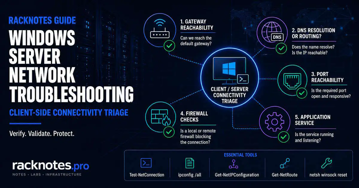 Windows server network troubleshooting layered triage - gateway, DNS, port, and application layers on Windows Server 2025