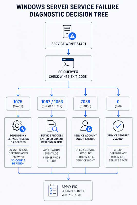 Windows server service failure decision tree - sc queryex to dependency chain, application log, and service account diagnosis