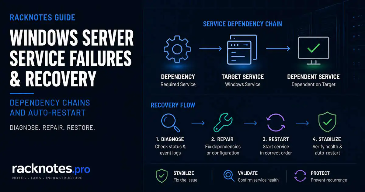 Windows server service failures recovery - sc queryex dependency chain and SCM event log troubleshooting
