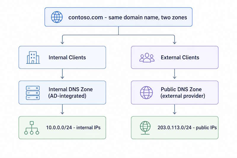 Windows Server split-brain DNS architecture showing internal clients resolving to an internal zone and external clients resolving to a public zone for the same domain name