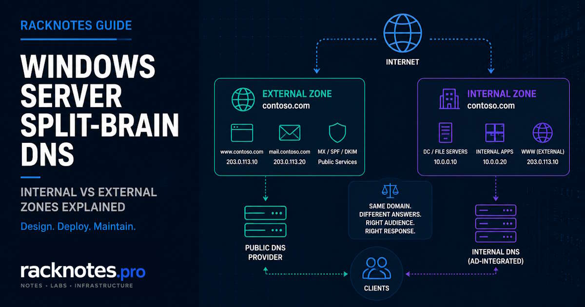 Windows Server split-brain DNS architecture showing internal and external zone resolution