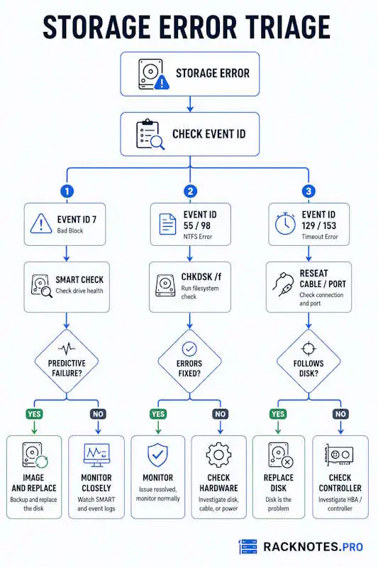 Windows server storage troubleshooting decision tree - Event ID triage flowchart for disk errors, CHKDSK, and SMART on Windows Server 2025