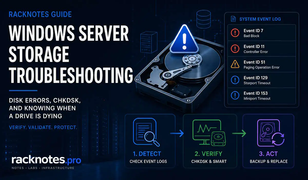 Windows server storage troubleshooting decision tree - Event ID triage flowchart for disk errors, CHKDSK, and SMART on Windows Server 2025
