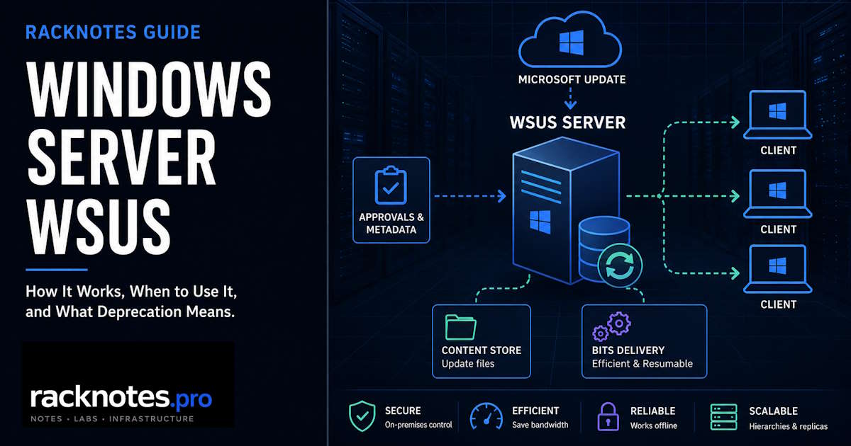 Windows Server WSUS architecture showing upstream server, downstream server, SUSDB database, content store, and managed clients