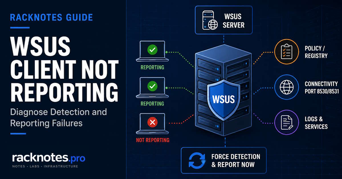 WSUS client not reporting diagnostic flowchart: registry, GPO, connectivity, logs, identity