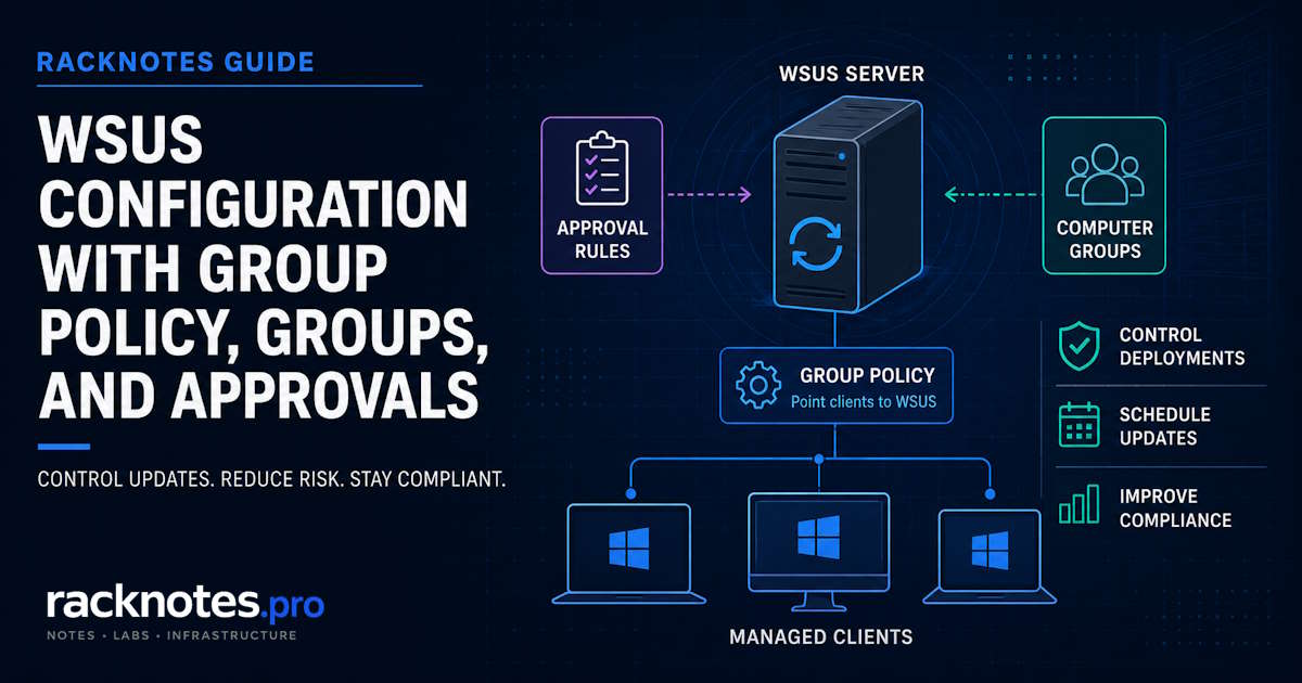 WSUS configuration diagram showing Group Policy pointing clients to WSUS server with computer groups and deployment rings