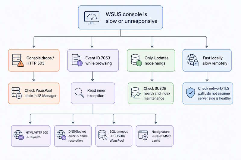 WSUS console slow decision tree showing IIS, SUSDB, and remote network diagnostic paths