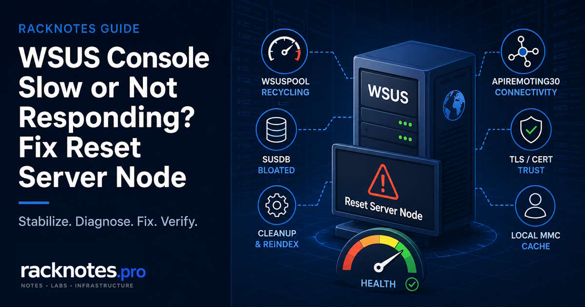 WSUS console slow decision tree showing IIS, SUSDB, and remote network diagnostic paths