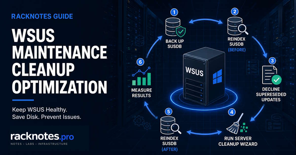 wsus maintenance sequence diagram showing backup, reindex, decline superseded, cleanup wizard, and reindex steps