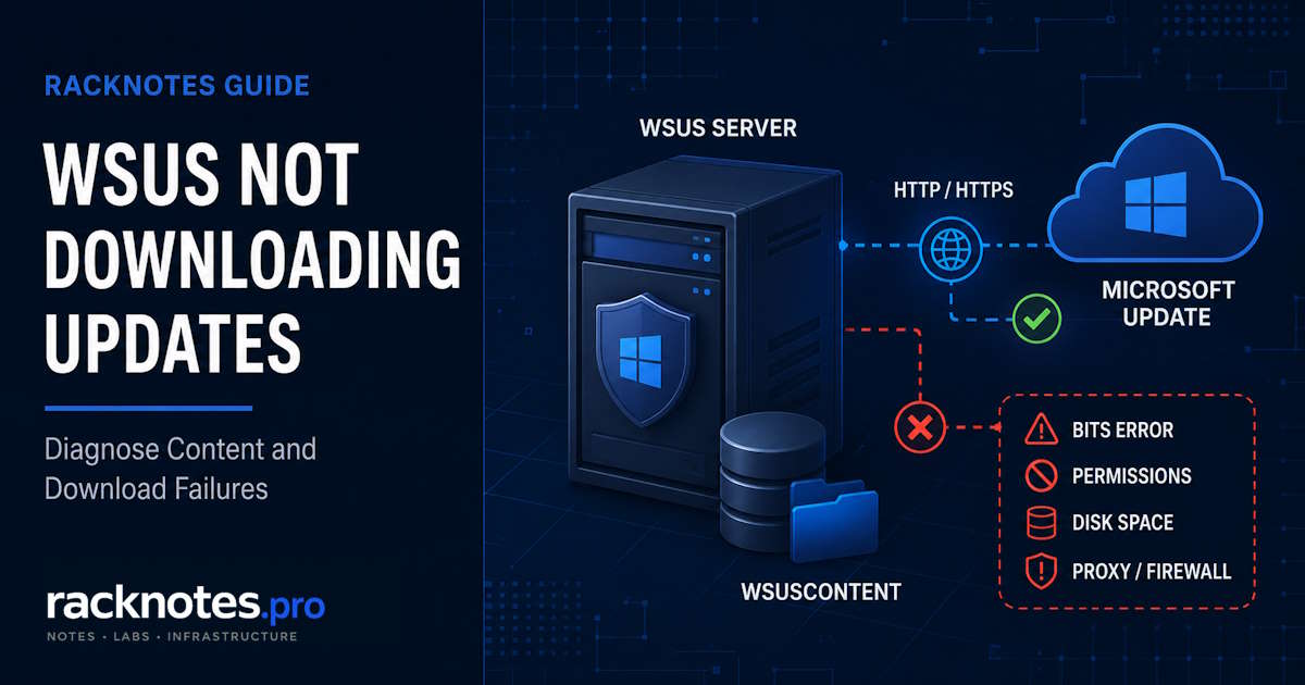 WSUS not downloading updates diagnostic workflow showing Event 364, BITS jobs, permissions, and wsusutil reset steps