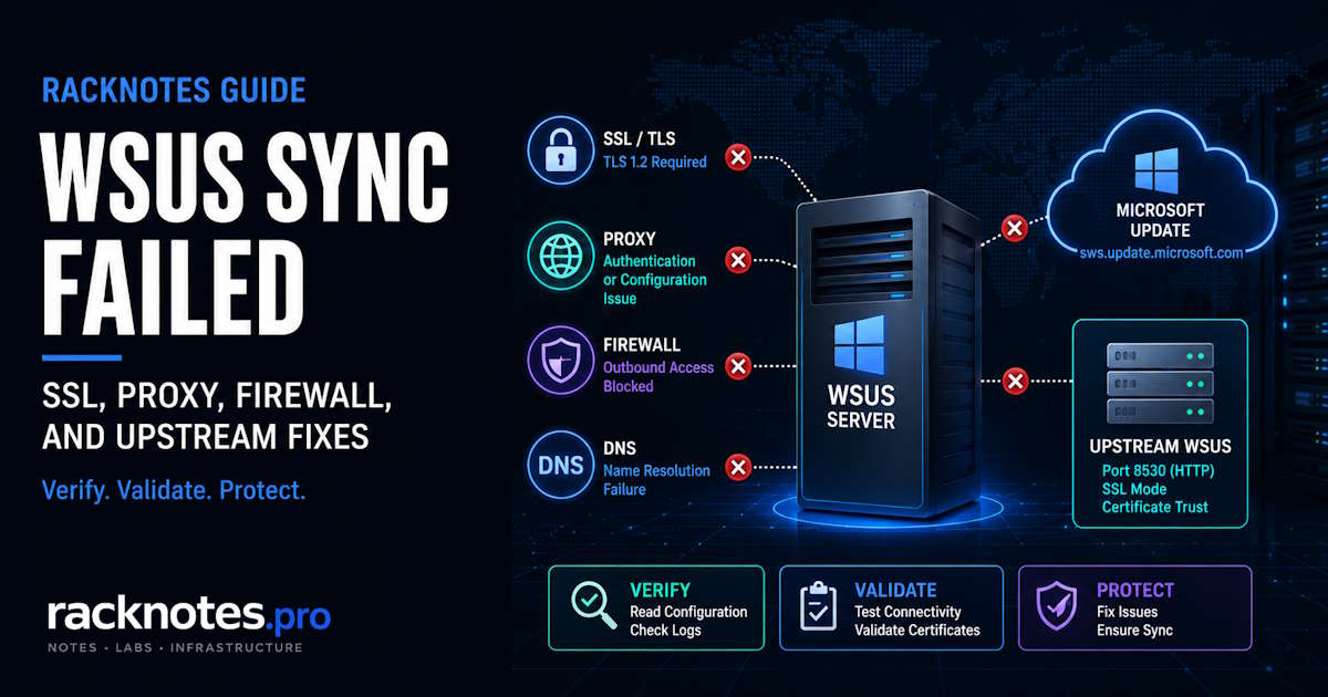 WSUS sync failed diagnostic flowchart showing endpoint, TLS, proxy, firewall, and upstream troubleshooting paths