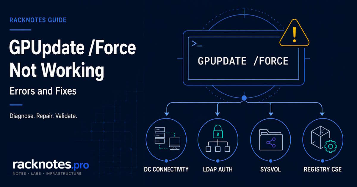 GPUpdate /force not working: diagnostic flow from command output to Event IDs and GPSvc logging