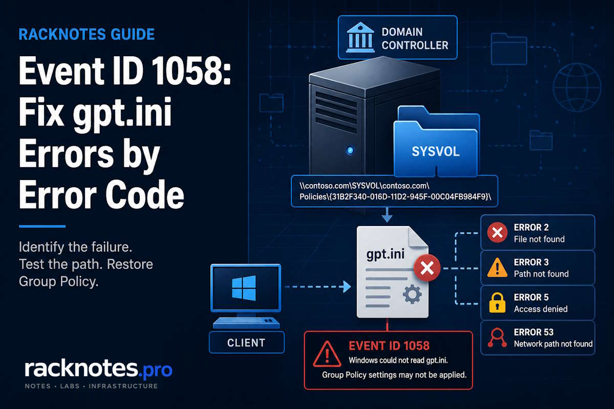 Group Policy Event ID 1058 diagnostic flow: error codes 2, 3, 5, and 53 routed to path, access, and network checks