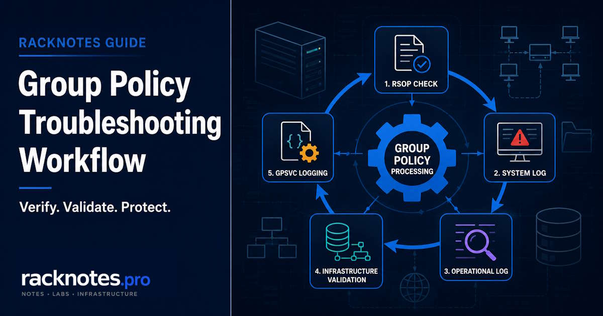 Group policy troubleshooting workflow: GPResult, event logs, Activity ID, and infrastructure checks